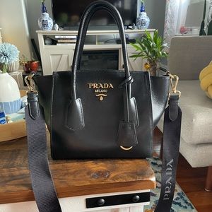 Brand New Prada calfskin black leather tote with strap